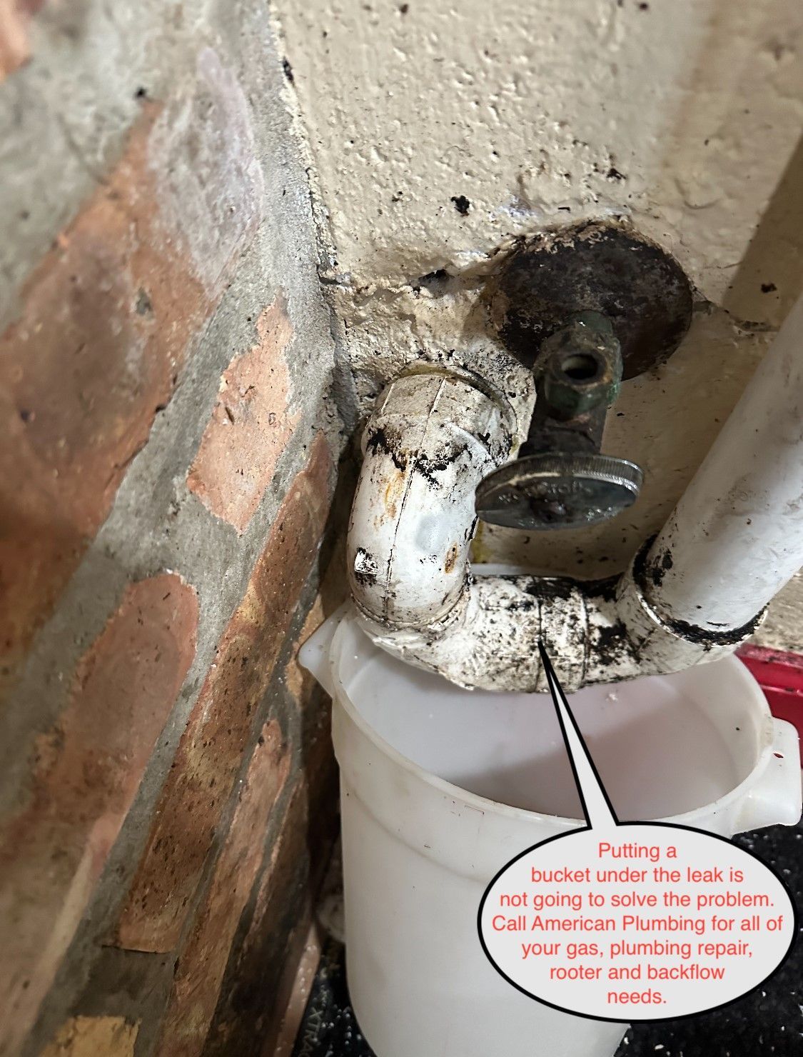 Leaking pipe with a bucket underneath. Text reads, 