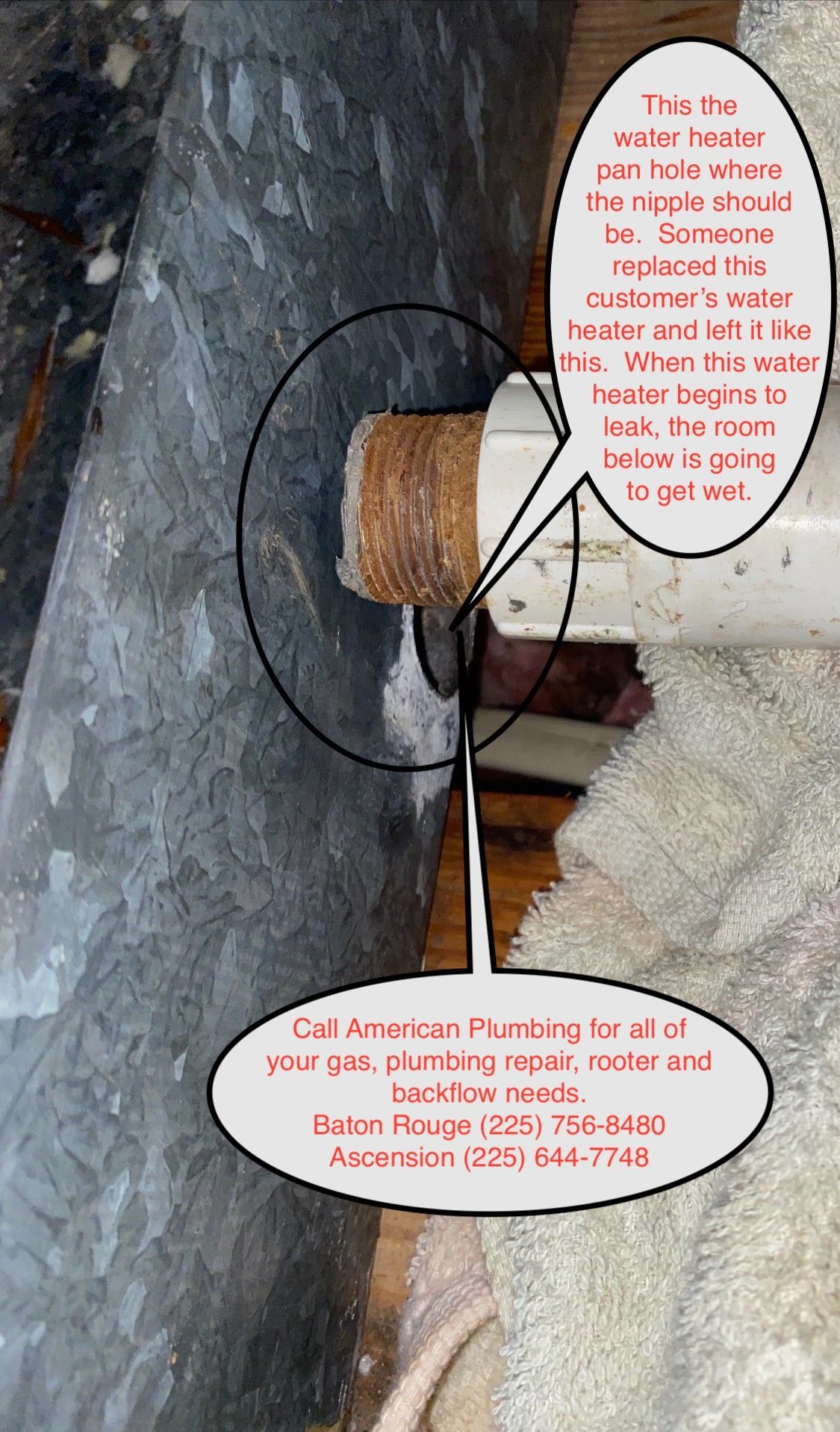 Rusty pipe protruding from a black-and-white rock wall, with red text annotations and hand-drawn circles.