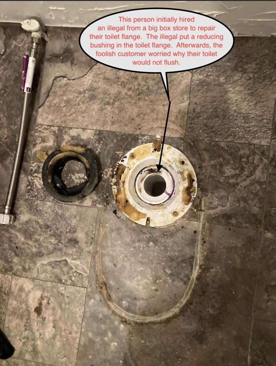 Toilet flange repair: old flange removed, new one installed. Floor is tiled, with water supply line nearby.
