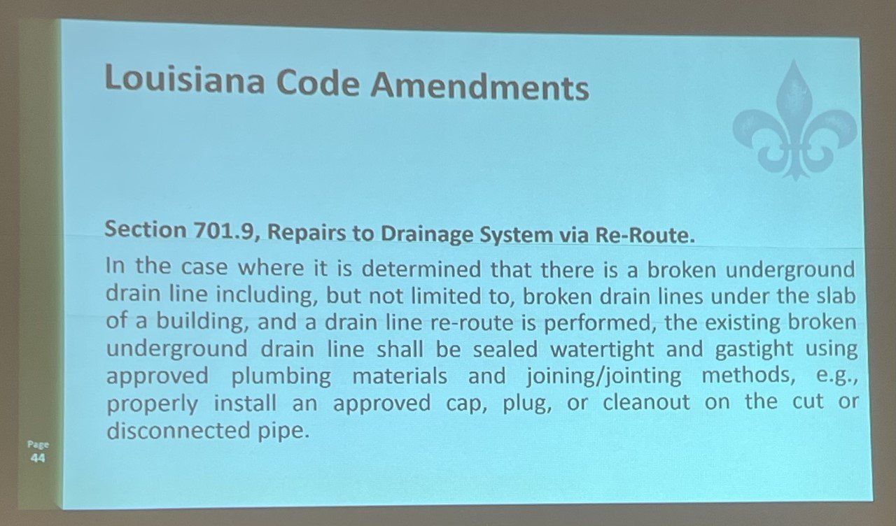 Text on a screen: Louisiana Code Amendments, Section 701.9, Repairs to Drainage System via Re-Route.