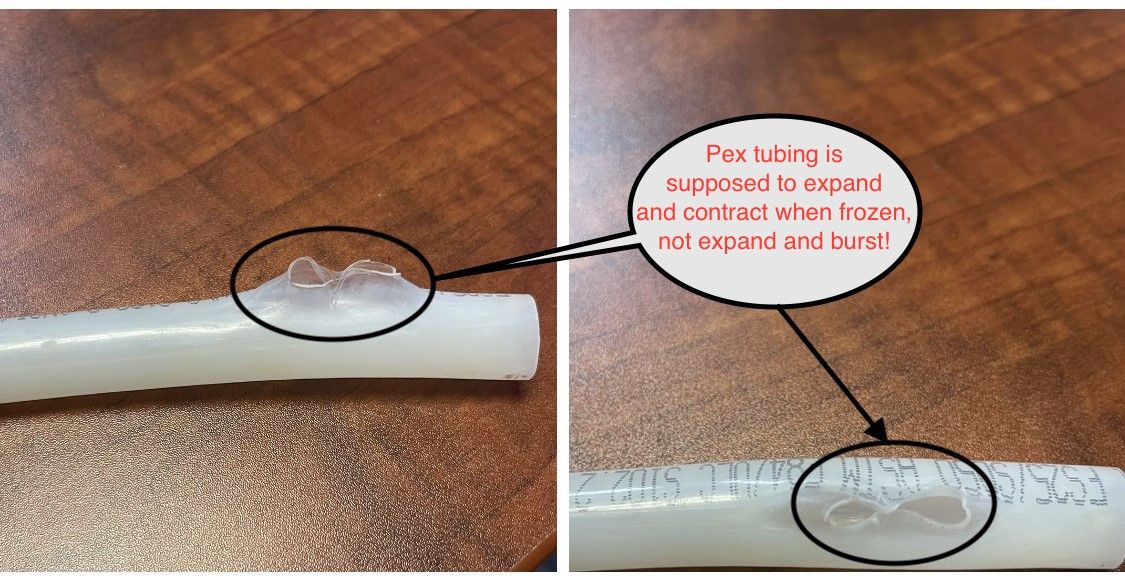 White cable with a black-circled damaged spot on a wooden surface, shown in two close-up views.