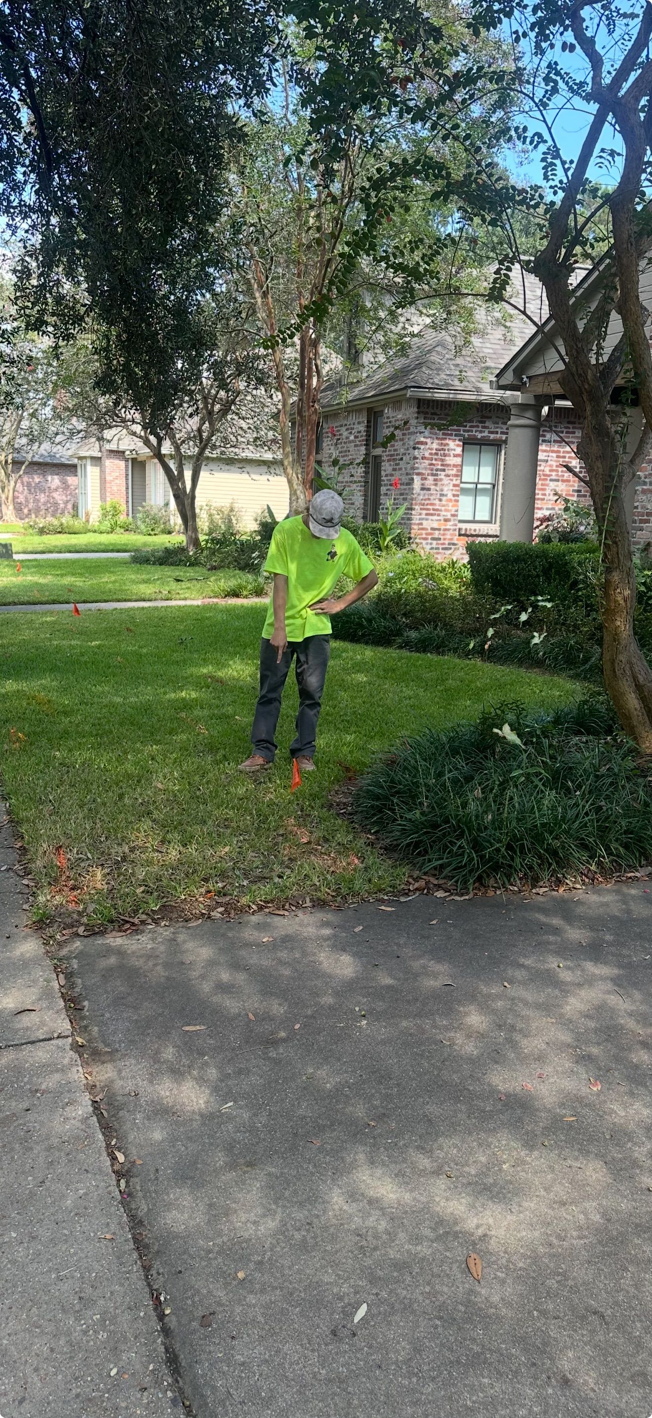 Person in neon yellow shirt standing in a leafy front yard beside a sidewalk and house.