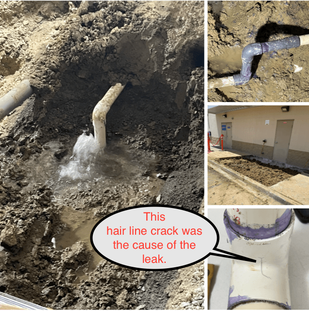 Burst water pipe in an excavation; caption notes a hairline crack caused the leak.