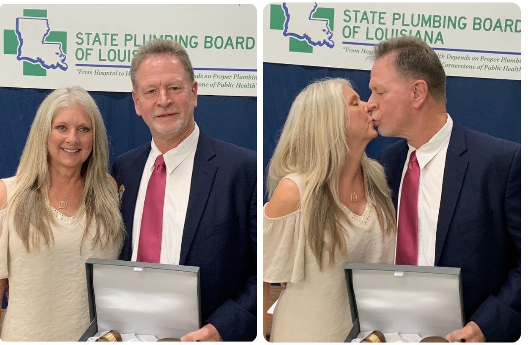 Two photos of a couple at a State Plumbing Board of Louisiana event, standing and kissing