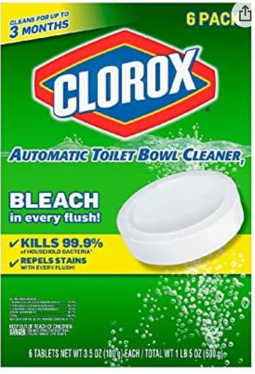 Clorox automatic toilet bowl cleaner pack. Green packaging with a white cleaning tablet. Contains bleach.