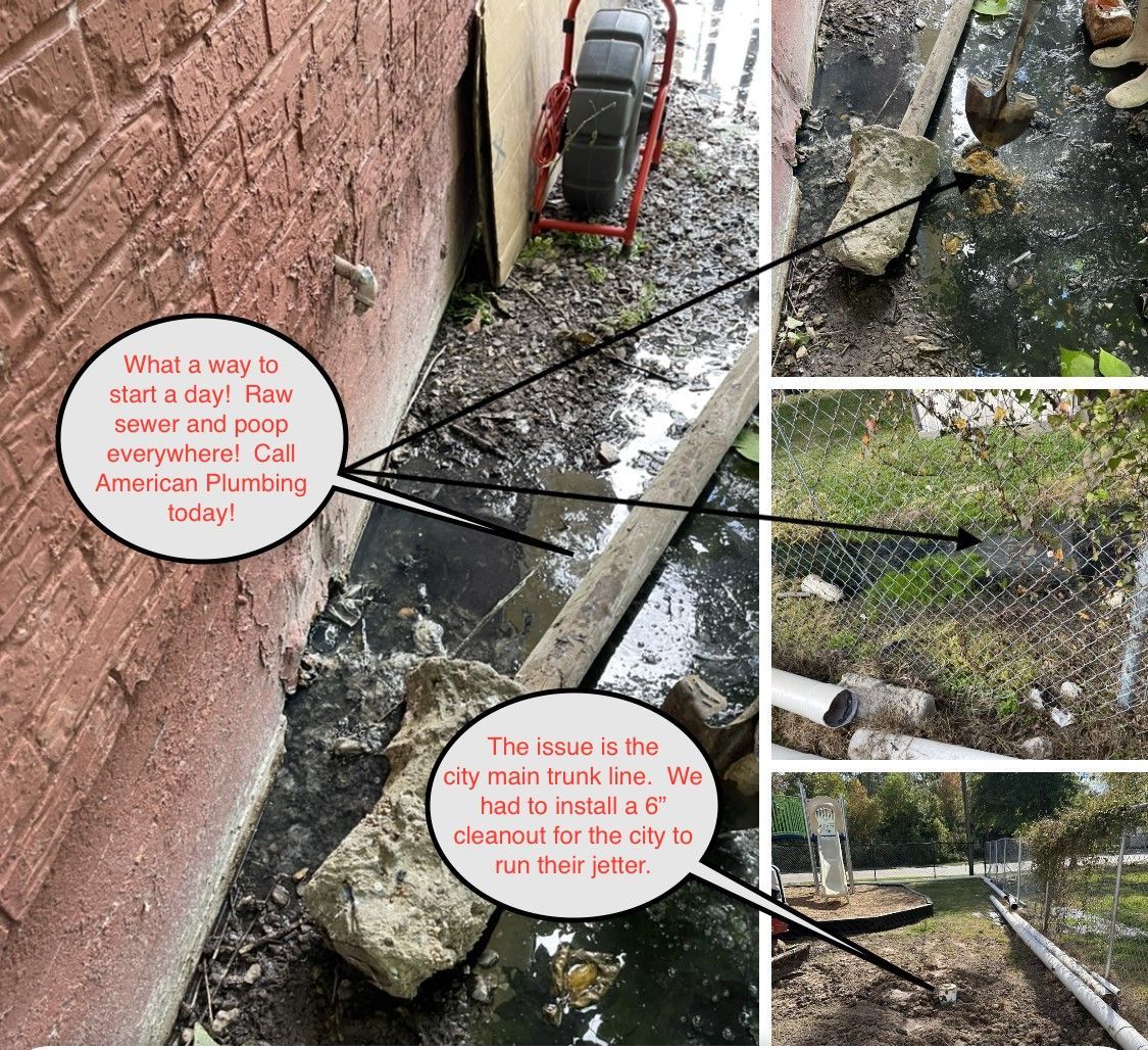 Sidewalk beside brick wall with broken concrete, puddles, and red-framed inset photos of the hazard