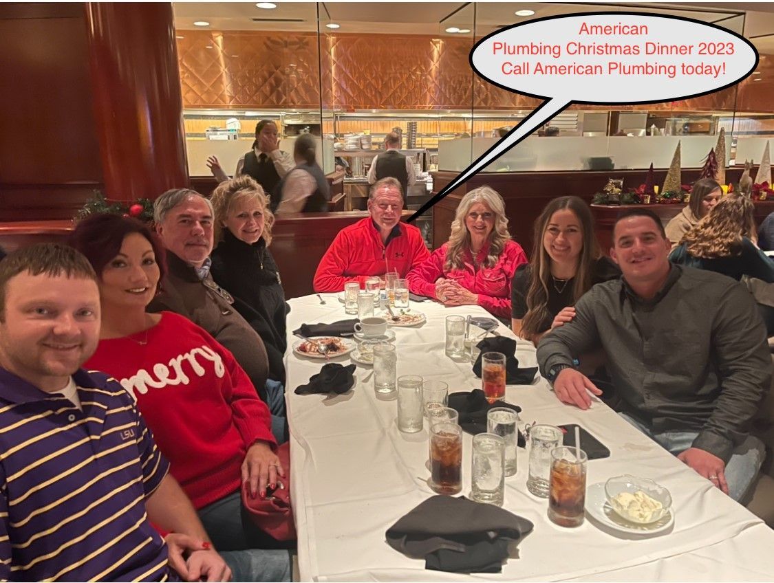 Group seated around a restaurant table, smiling for a celebratory meal with a red banner overhead.