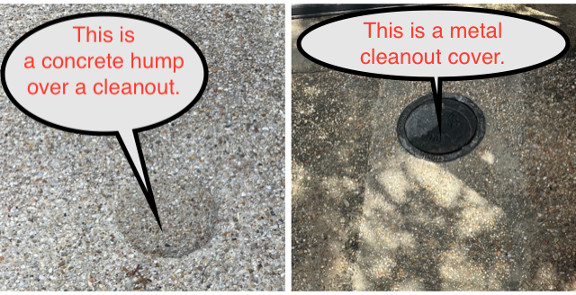 Side-by-side comparison of a concrete hump and a metal cleanout cover on pavement.