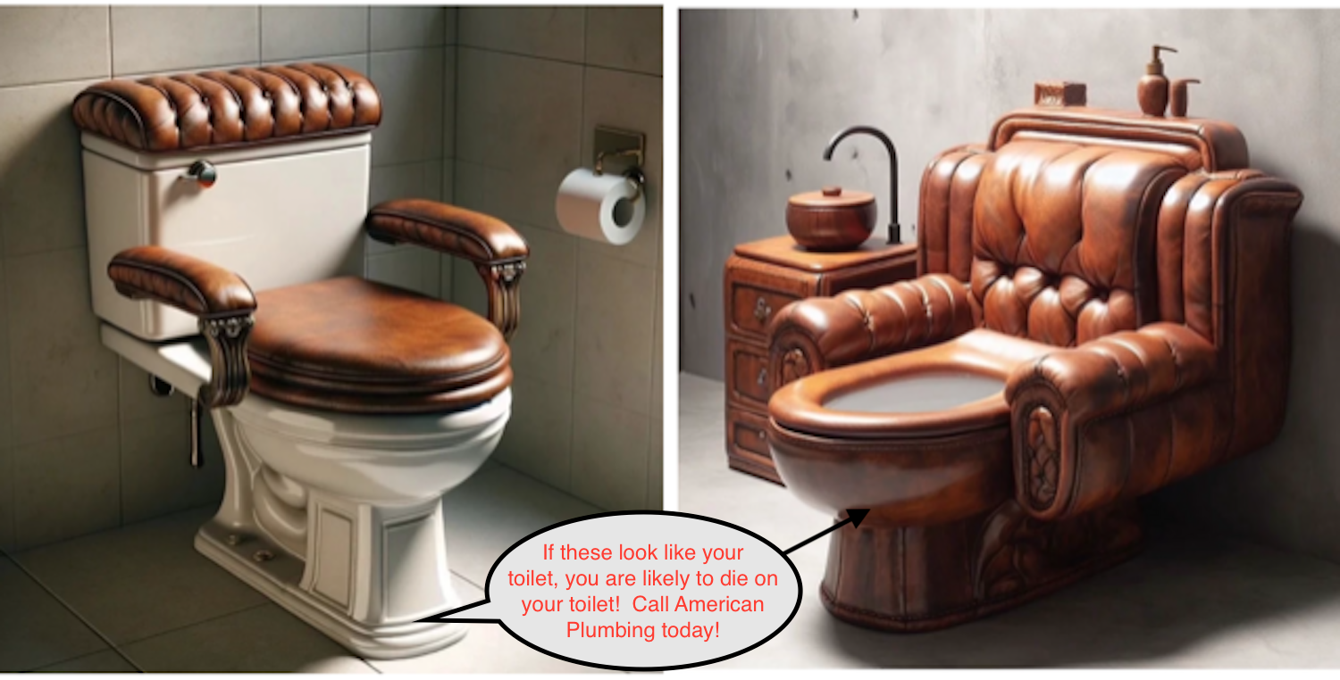 Two luxury toilets: one cream and brown, the other a brown leather armchair design.