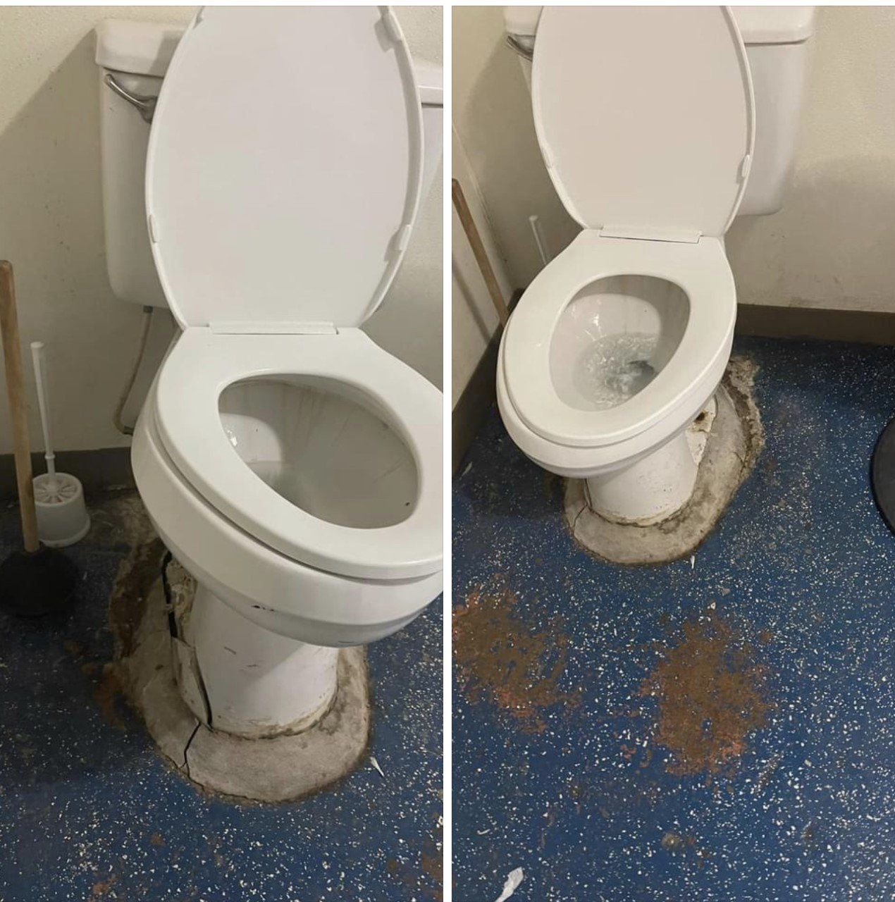 A damaged toilet, possibly leaking, on a blue floor with debris around the base.