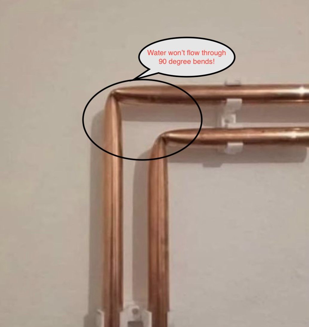Copper pipes with 90-degree bends. Text bubble: 