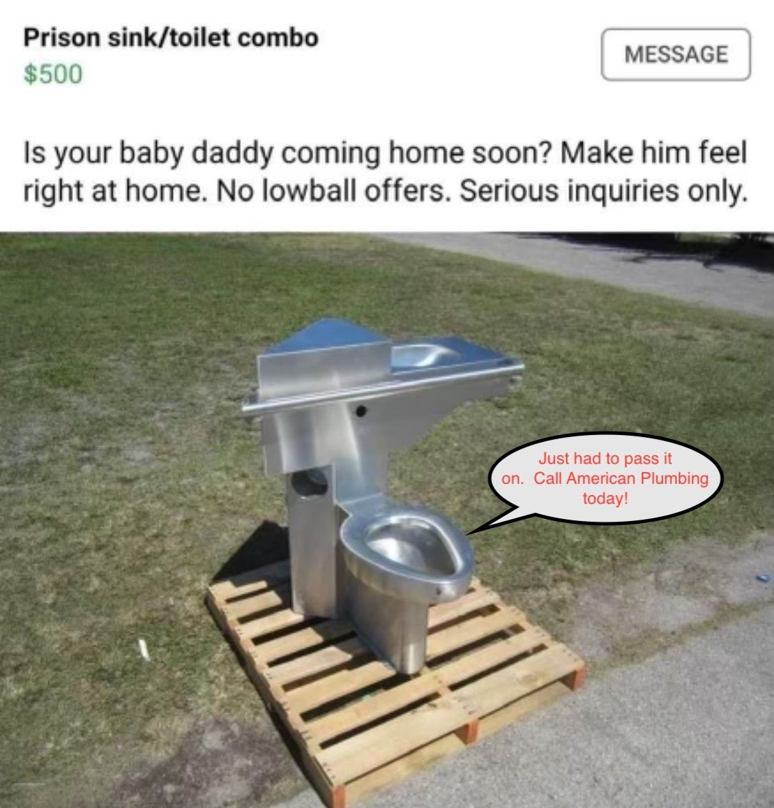 Stainless steel sink and toilet combo on a wooden pallet outdoors, shown in a marketplace listing.