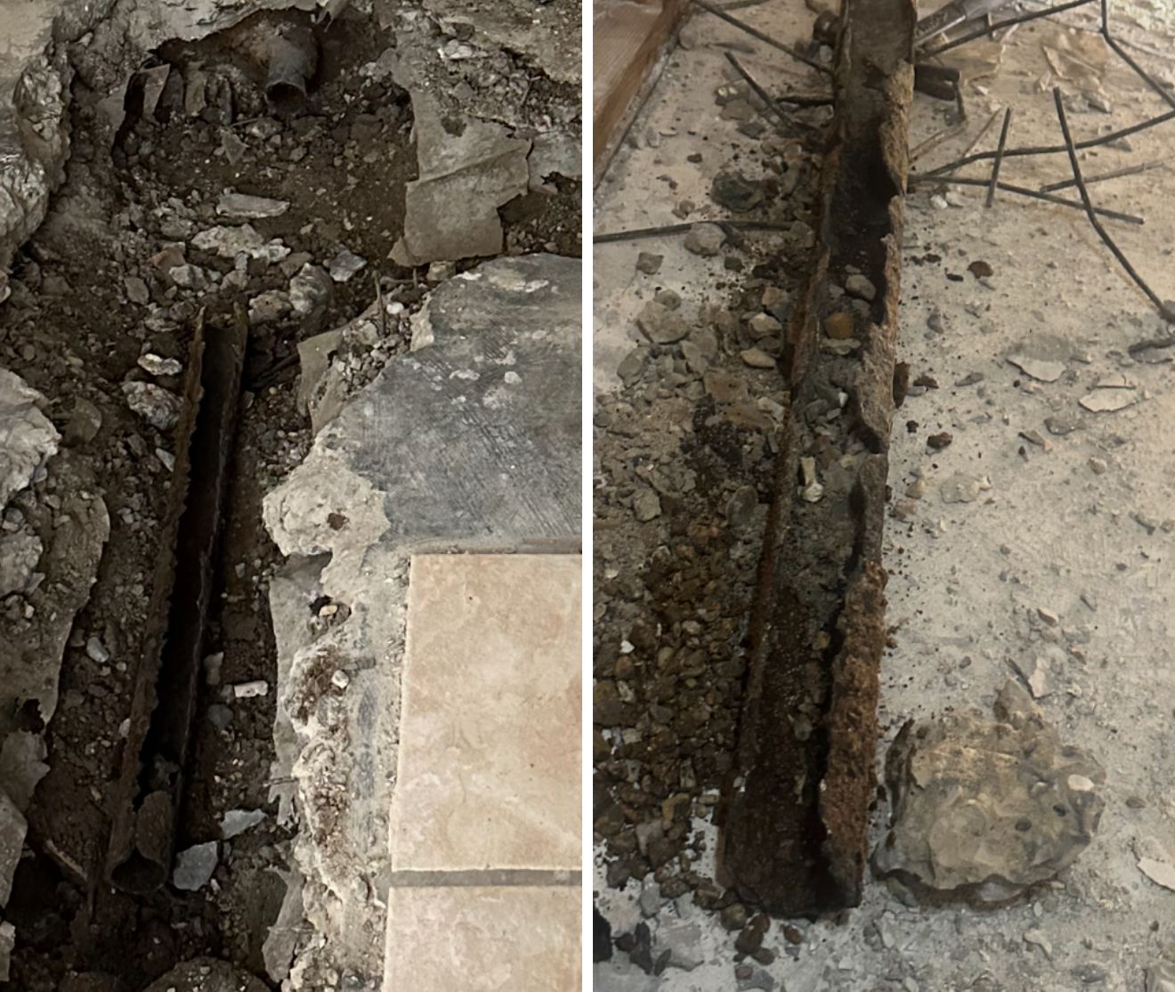 Two exposed, rusted rebar-filled trenches in a concrete floor during demolition work