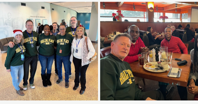 Group of people wearing green shirts, possibly at a conference, and some at a restaurant.