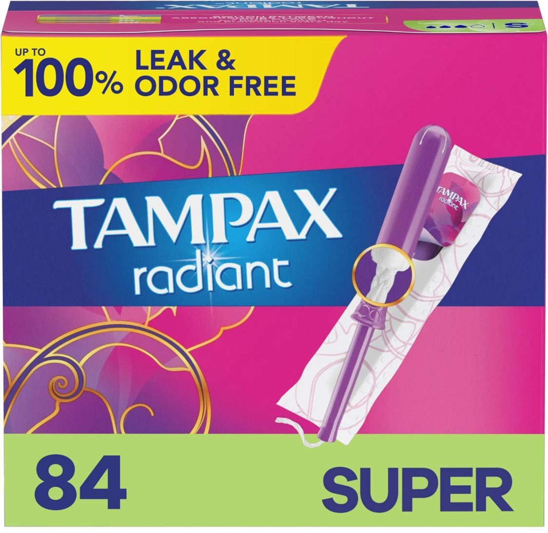 Box of Tampax Radiant Super tampons, pink and purple packaging, with an individual tampon shown.