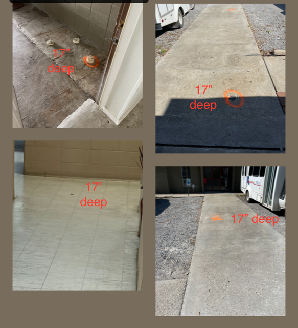 Collage of sidewalk and floor damage, with red labels marking about 17-inch-deep depressions.