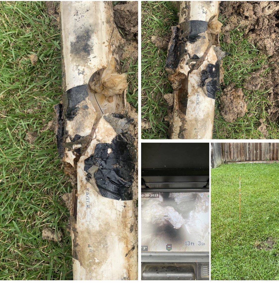 Collage showing a dirty concrete post with black residue and a patch of green lawn nearby