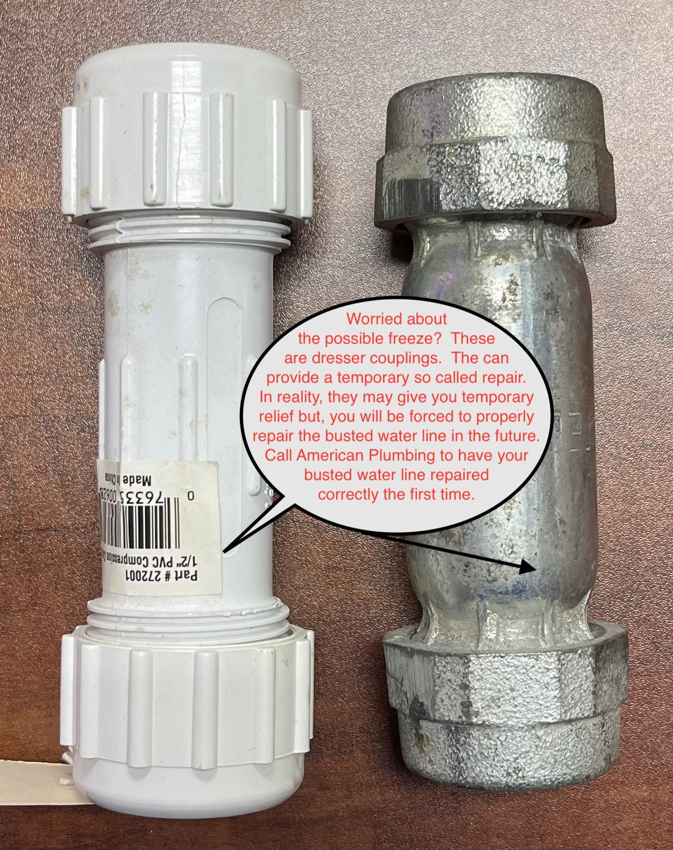 White and silver metal pipe fittings side by side with a red instructional label and arrows in the center