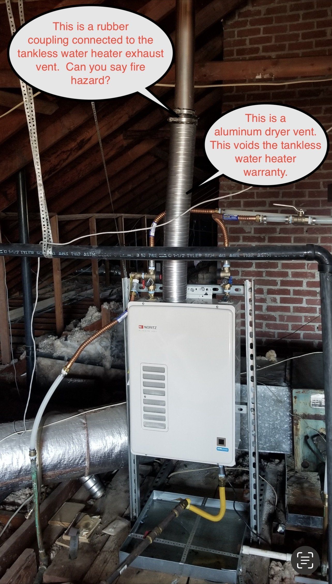 Water heater in attic with vent and pipes, with text bubbles indicating installation.