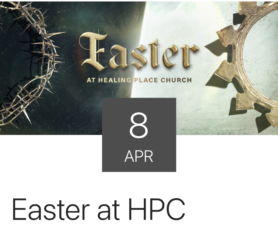 Easter at HPC event banner with crown of thorns, cross, and date April 8