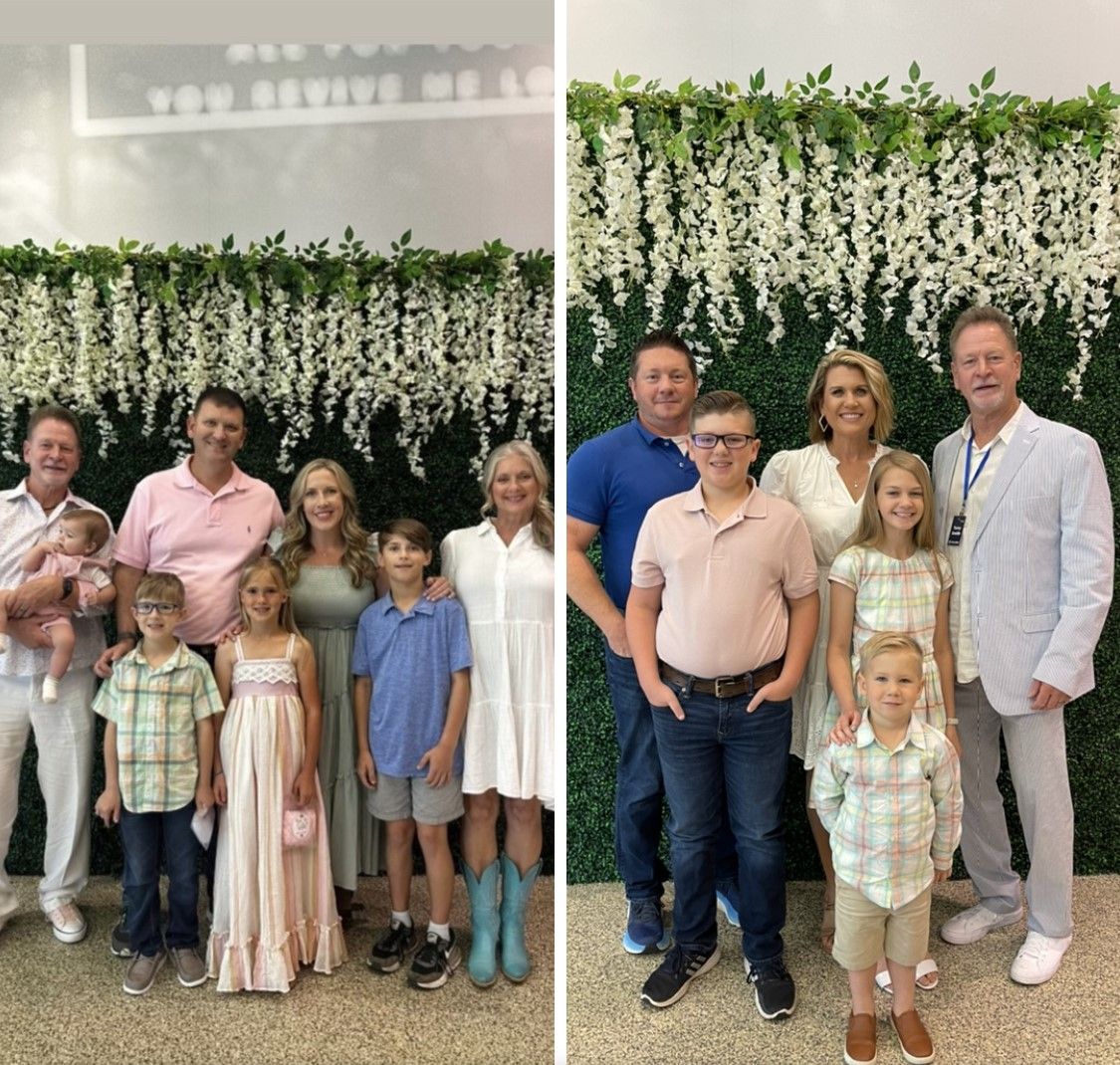 Two family groups pose in front of floral backdrops. People of various ages smile.