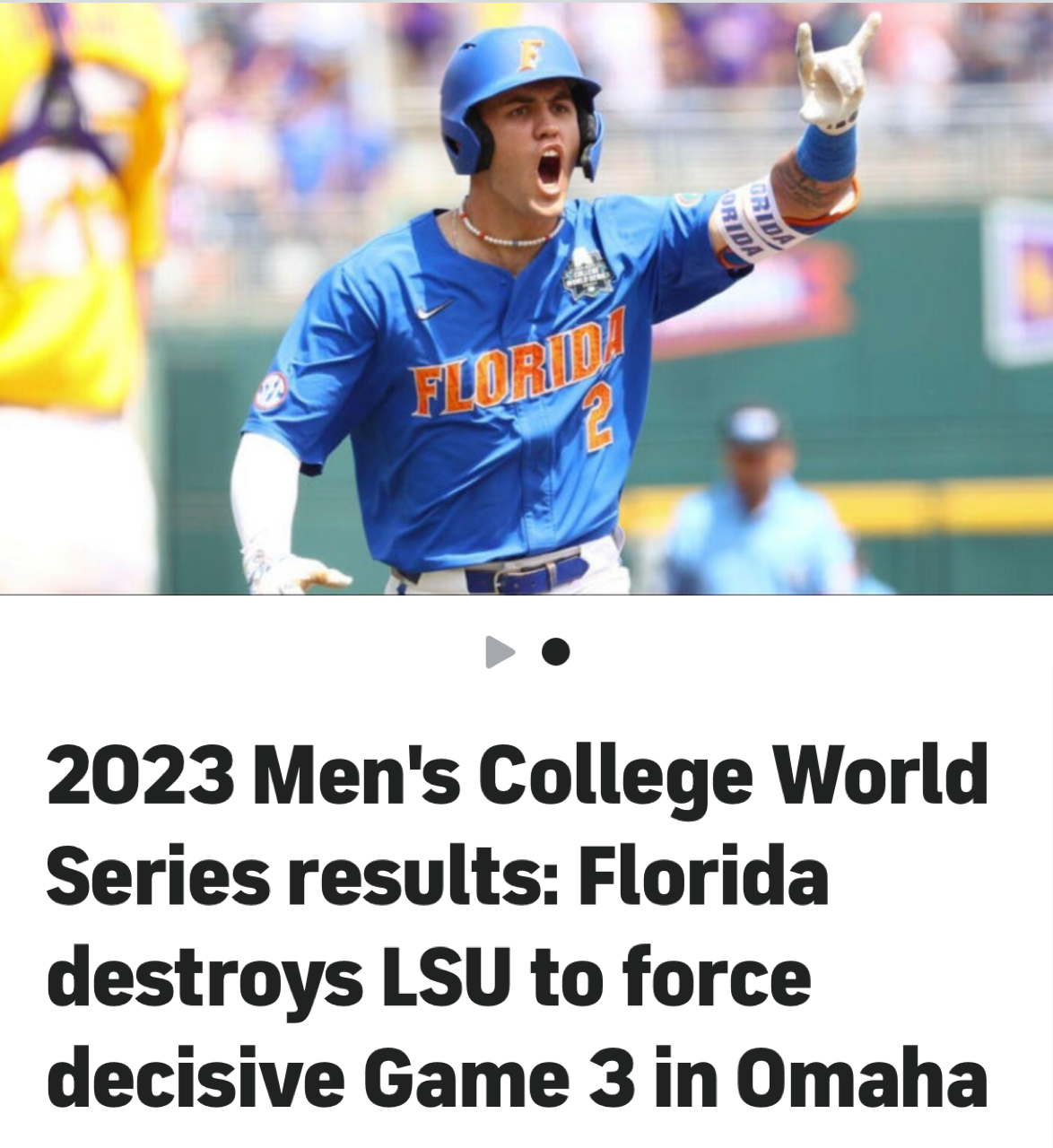 Baseball player in blue uniform celebrates after a hit, forcing a decisive Game 3.