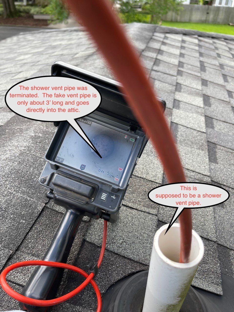 Roof repair setup with red pole, black machine, and white pipe on shingles, with handwritten callout bubbles.