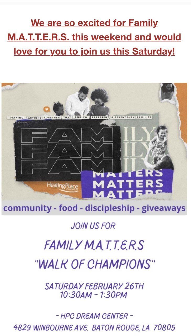 Flyer for Family Matters Walk of Champions event with black, purple and white design and church details