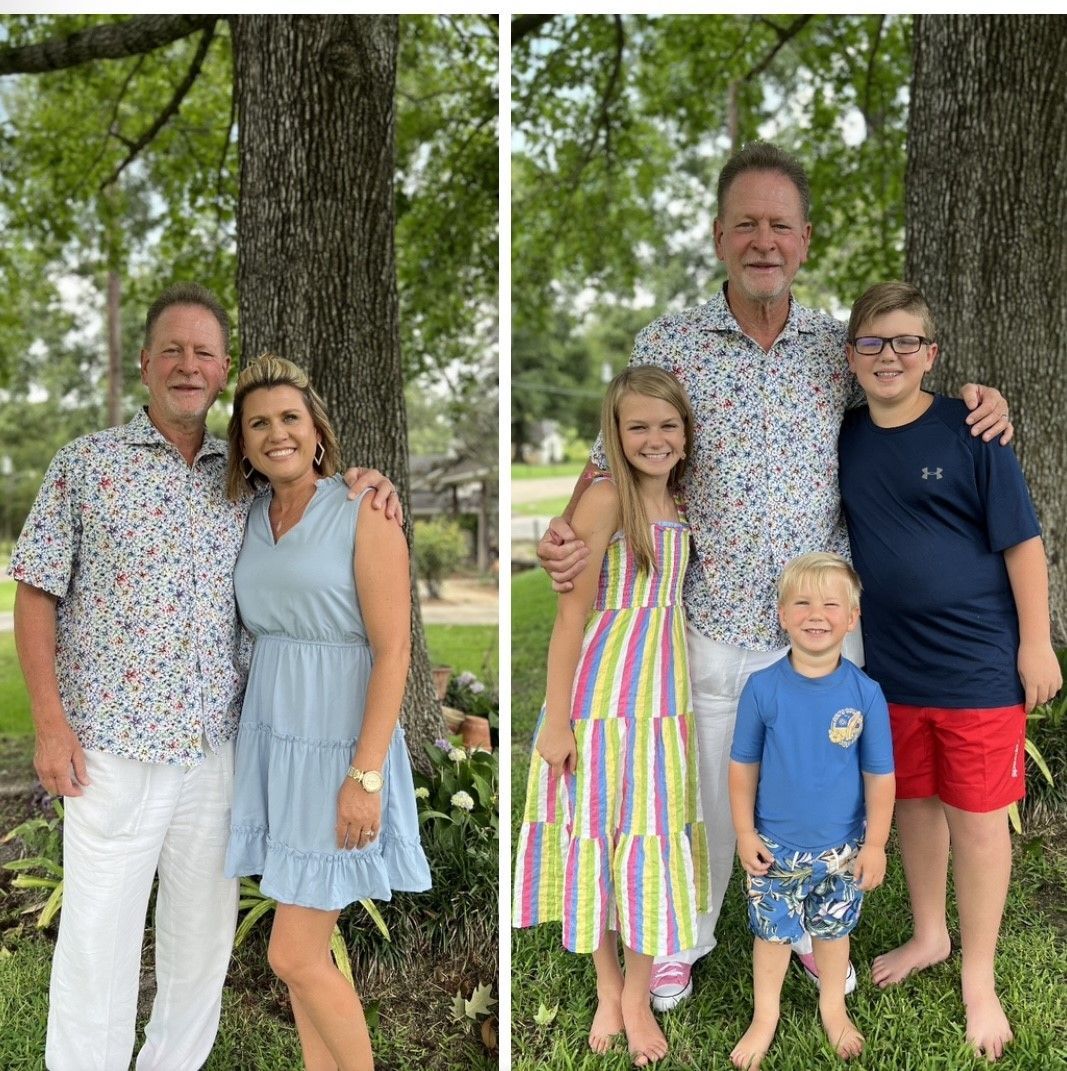 Two family photos: adults and children smiling outdoors by trees.