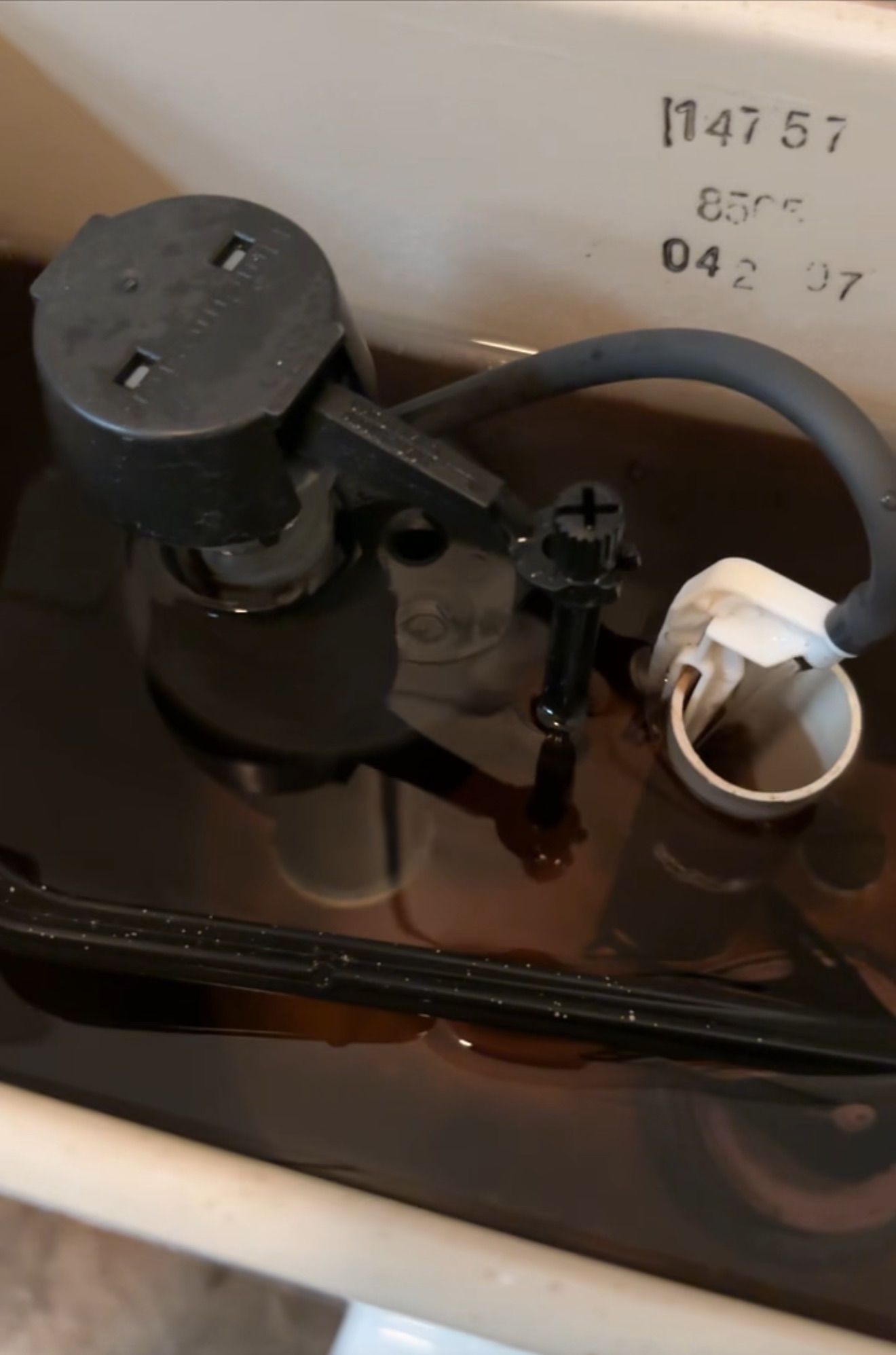 Toilet tank interior with black float, fill valve, and dark brown water.