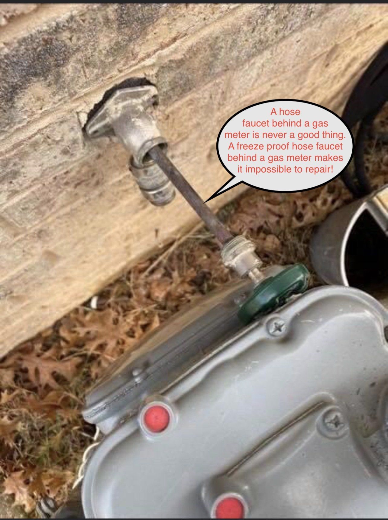 Gas meter and valve near a wall. Text bubble says,