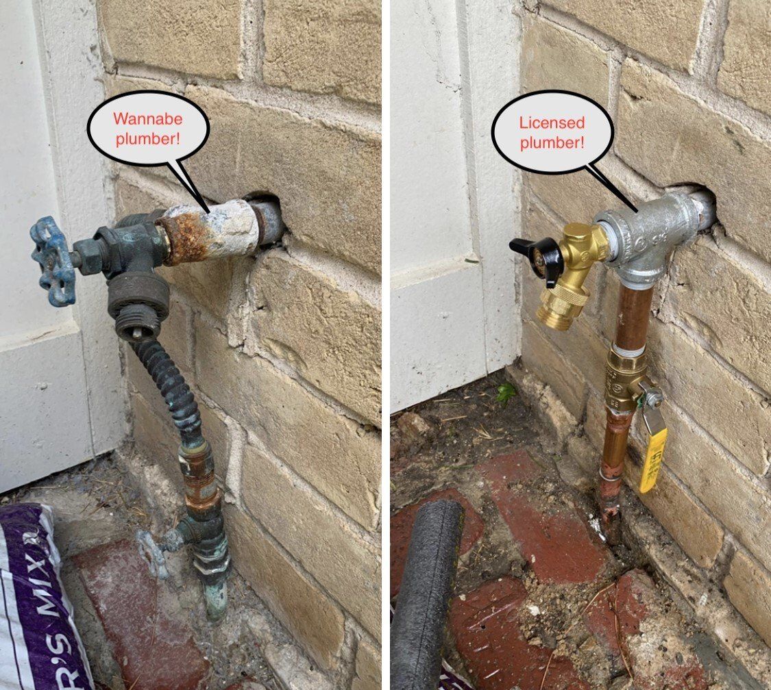 Comparison of two outdoor plumbing spigots; corroded one versus new, with explanatory labels.