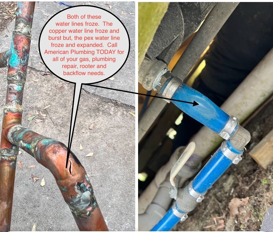 Copper pipe leak before-and-after: corroded joint fixed with blue tape and replacement fittings.