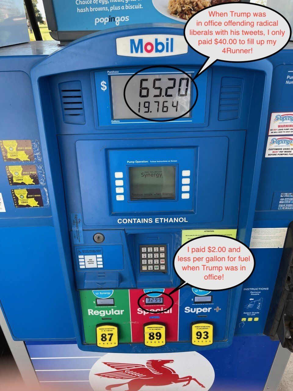 Gas pump showing $65.20, with text stating that the user spent $64.00 to fill their car.