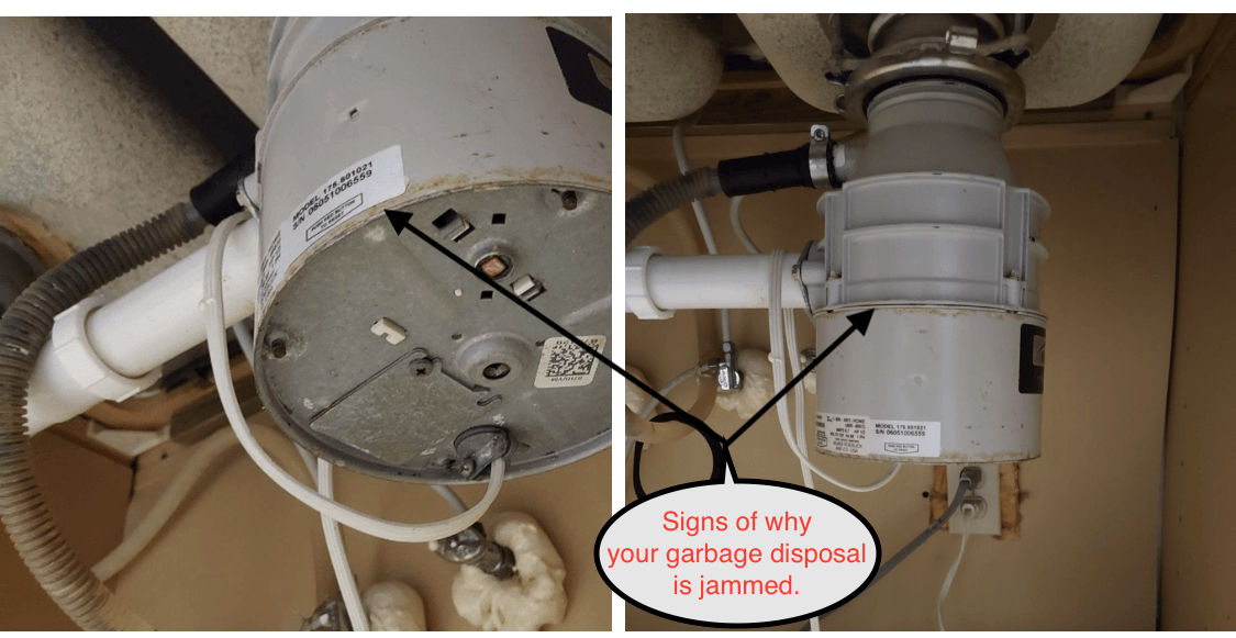 Side-by-side view of under-sink plumbing with arrows and labels pointing to a gray disposal unit.