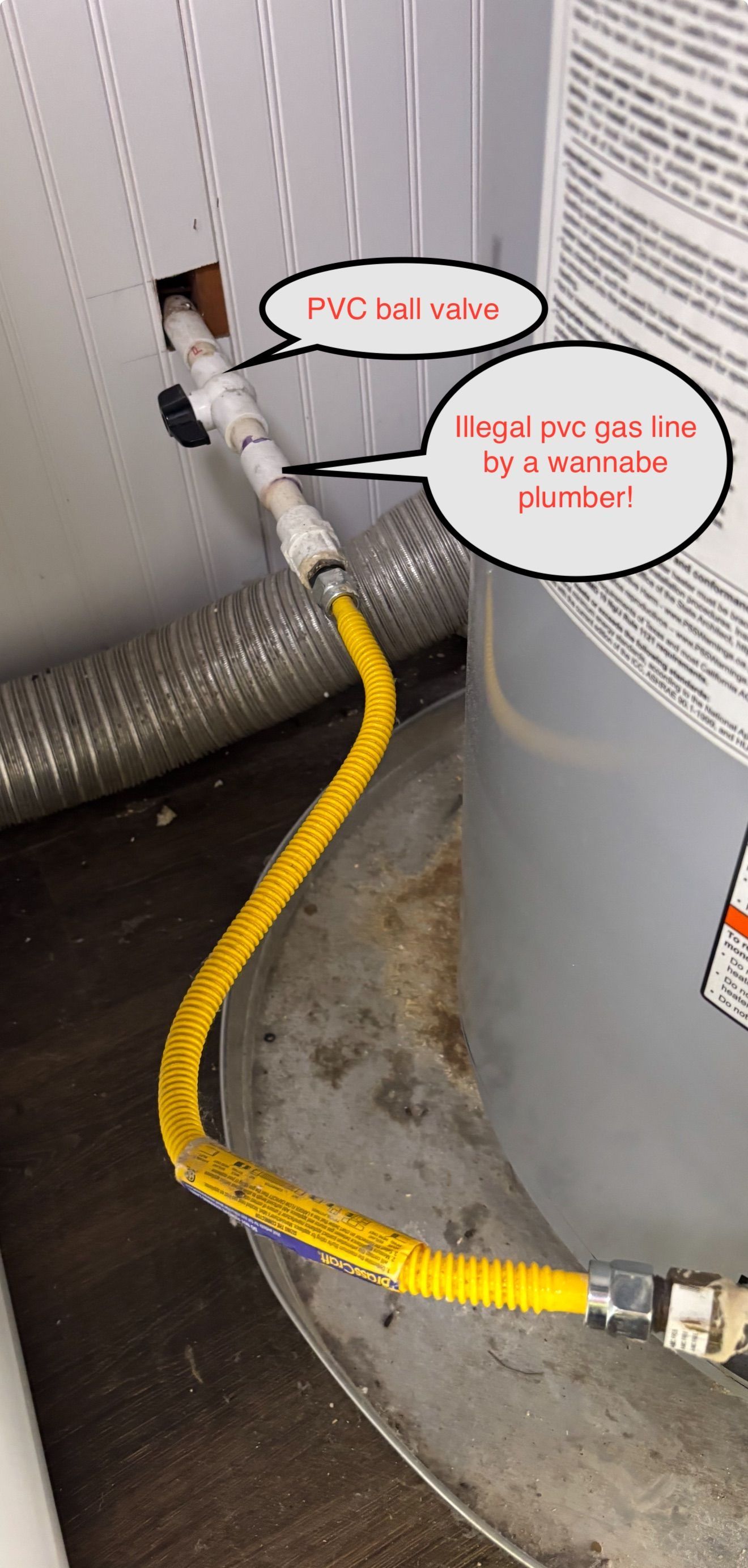 A yellow gas line connects to a water heater; the gas line has a shutoff valve.