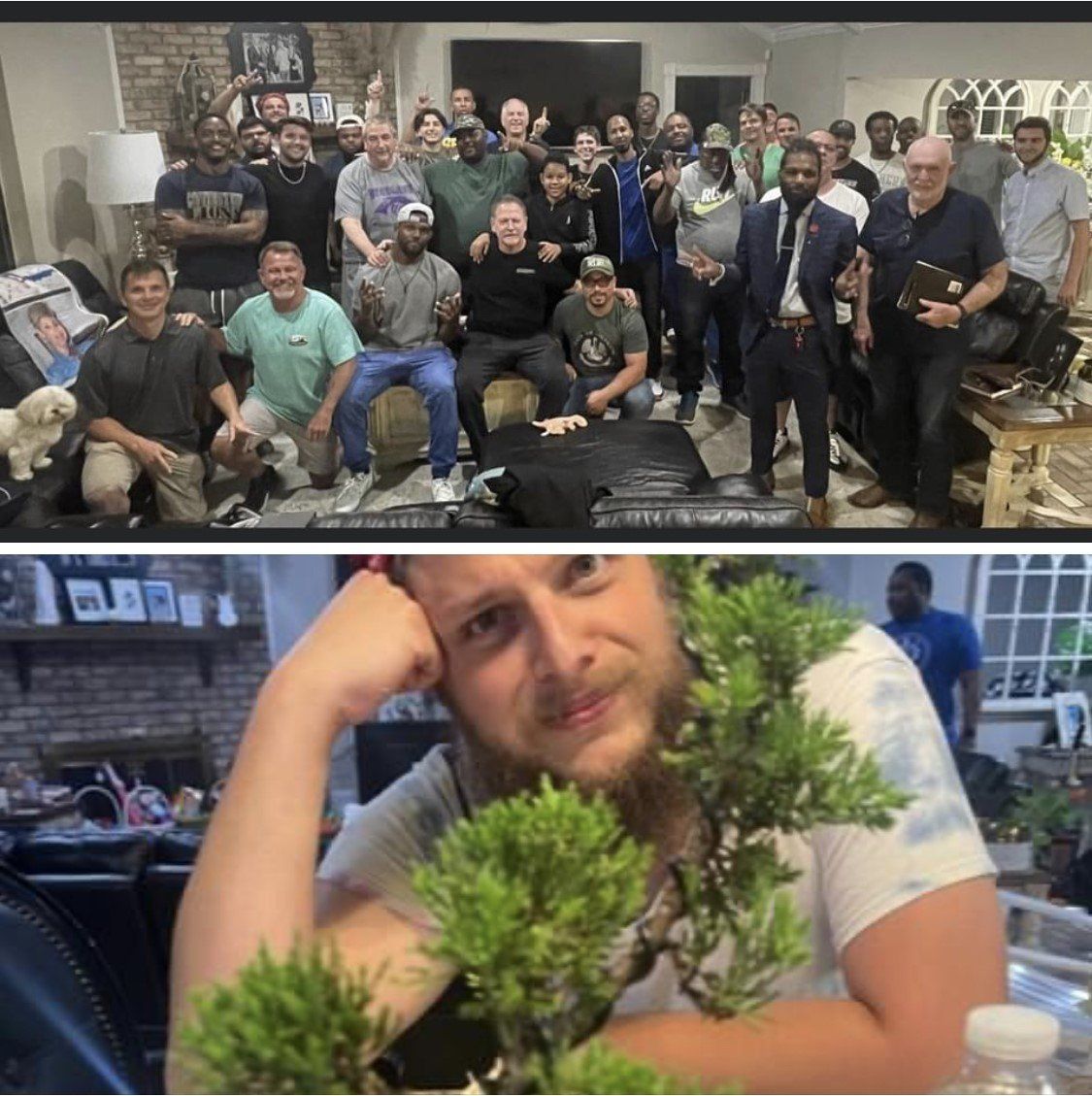 Two-panel collage: group photo indoors above; man resting his head beside a small bonsai below