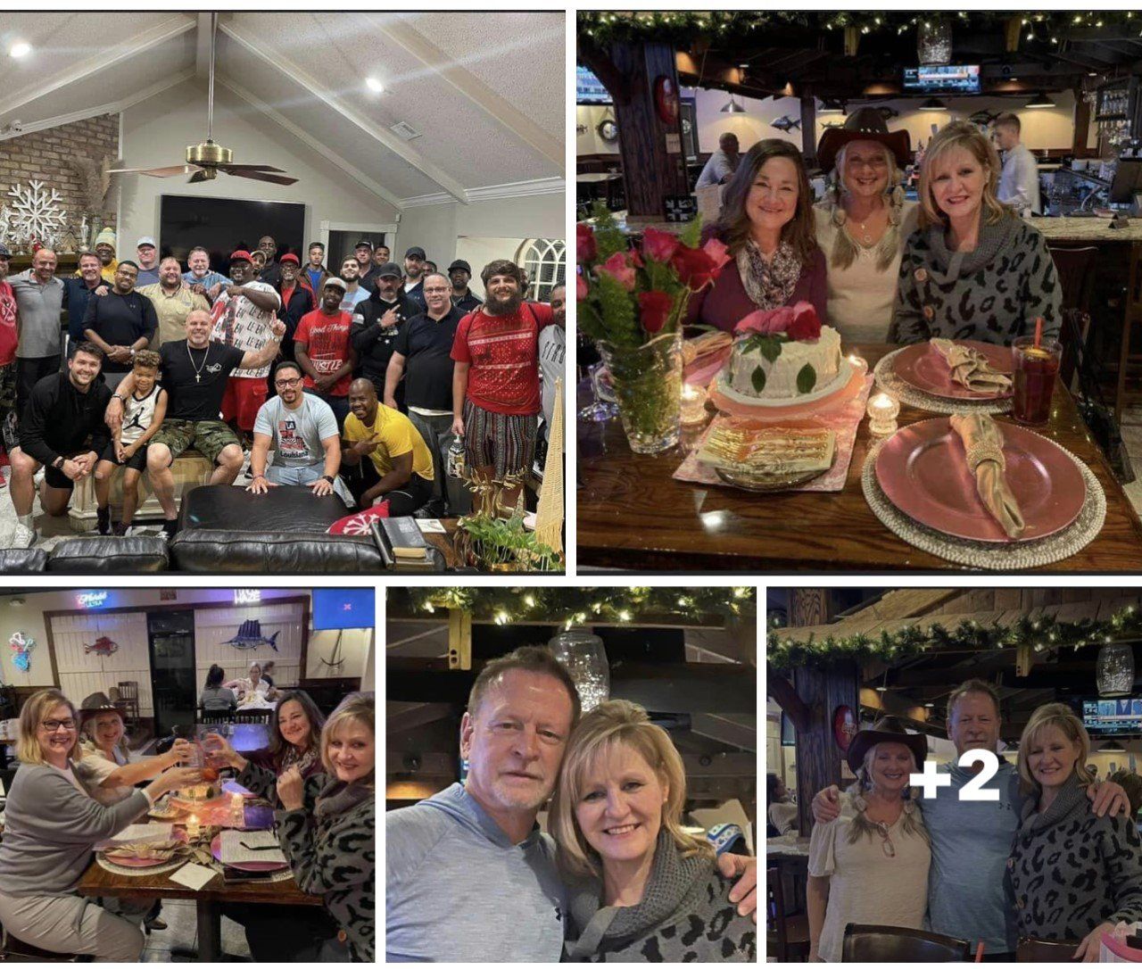 Collage of a festive birthday celebration with group photos, cake, and smiling guests at a decorated venue