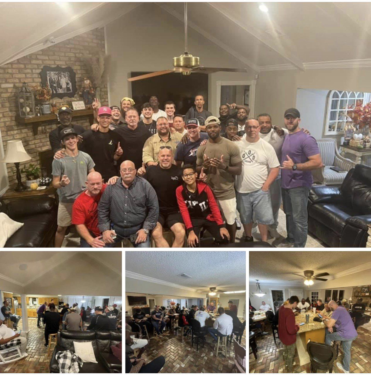 Large group posing in a cozy living room beside a stone fireplace, with smaller party photos below