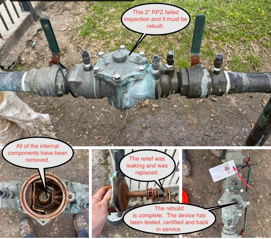 Damaged water valve assembly with rusted pipe and warning callouts showing internal corrosion and debris