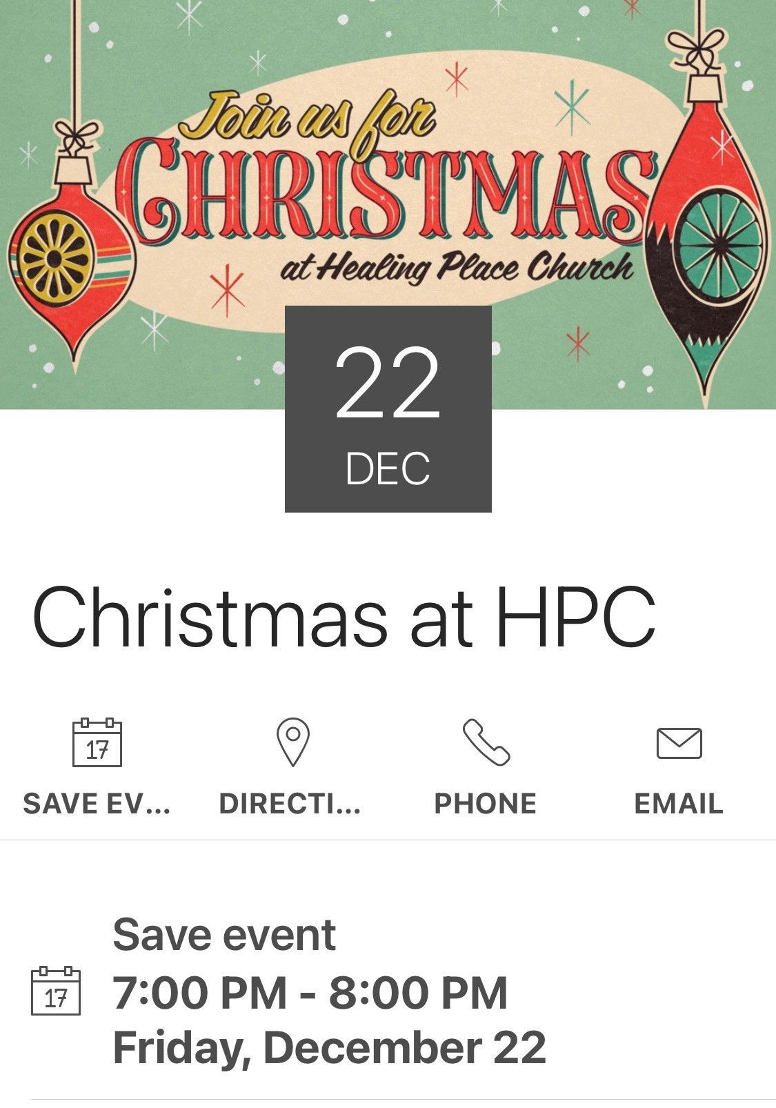 Event listing for “Christmas at HPC” with date 22 Dec and save-event options