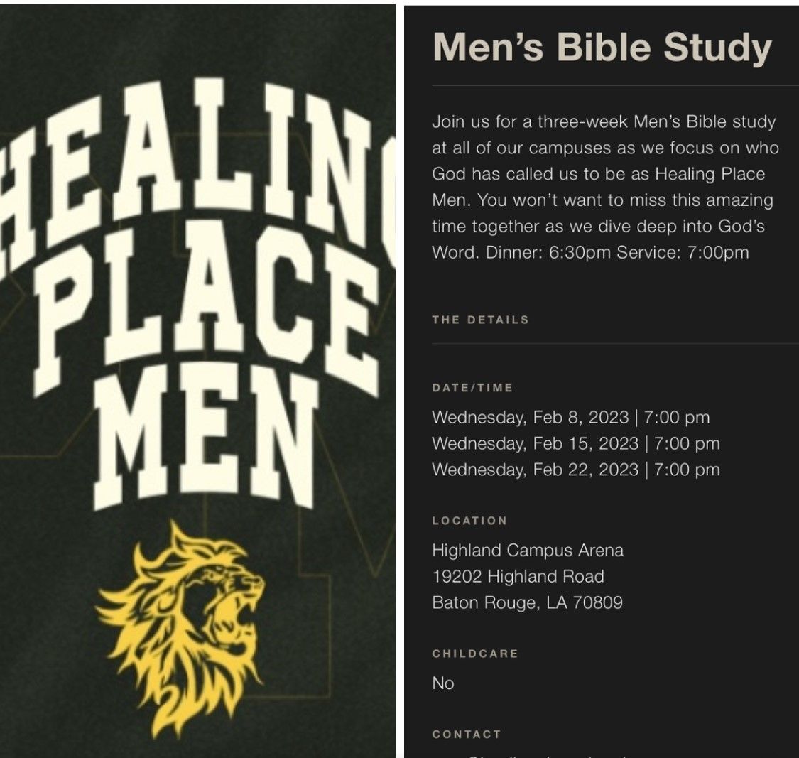 Men’s Bible Study flyer with “Healing Place Men” logo and lion on black background