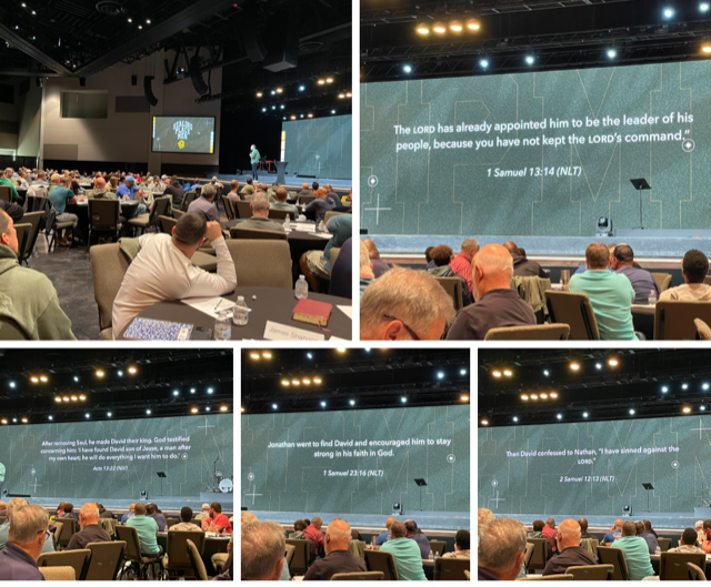 Conference scene: People in a large room, some facing a stage with Bible verses displayed on a screen.