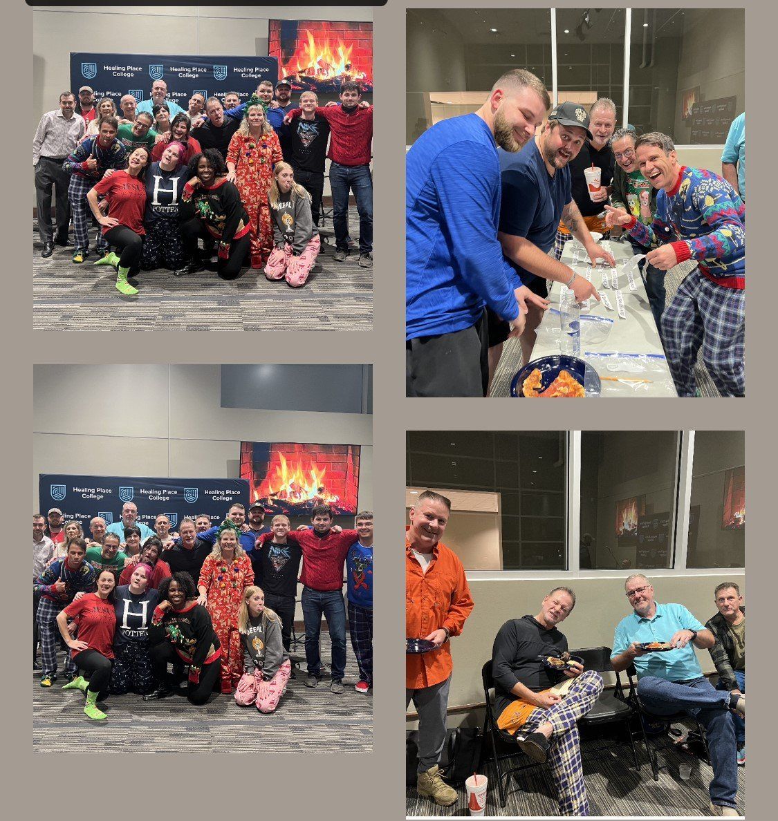 Group of people in pajamas at a gathering. Sharing food, posing for photos. Fireplace backdrop.