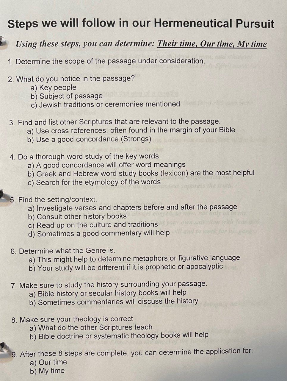 Text list: steps for interpreting a passage.  Numbered steps include determining context, questions, and application.