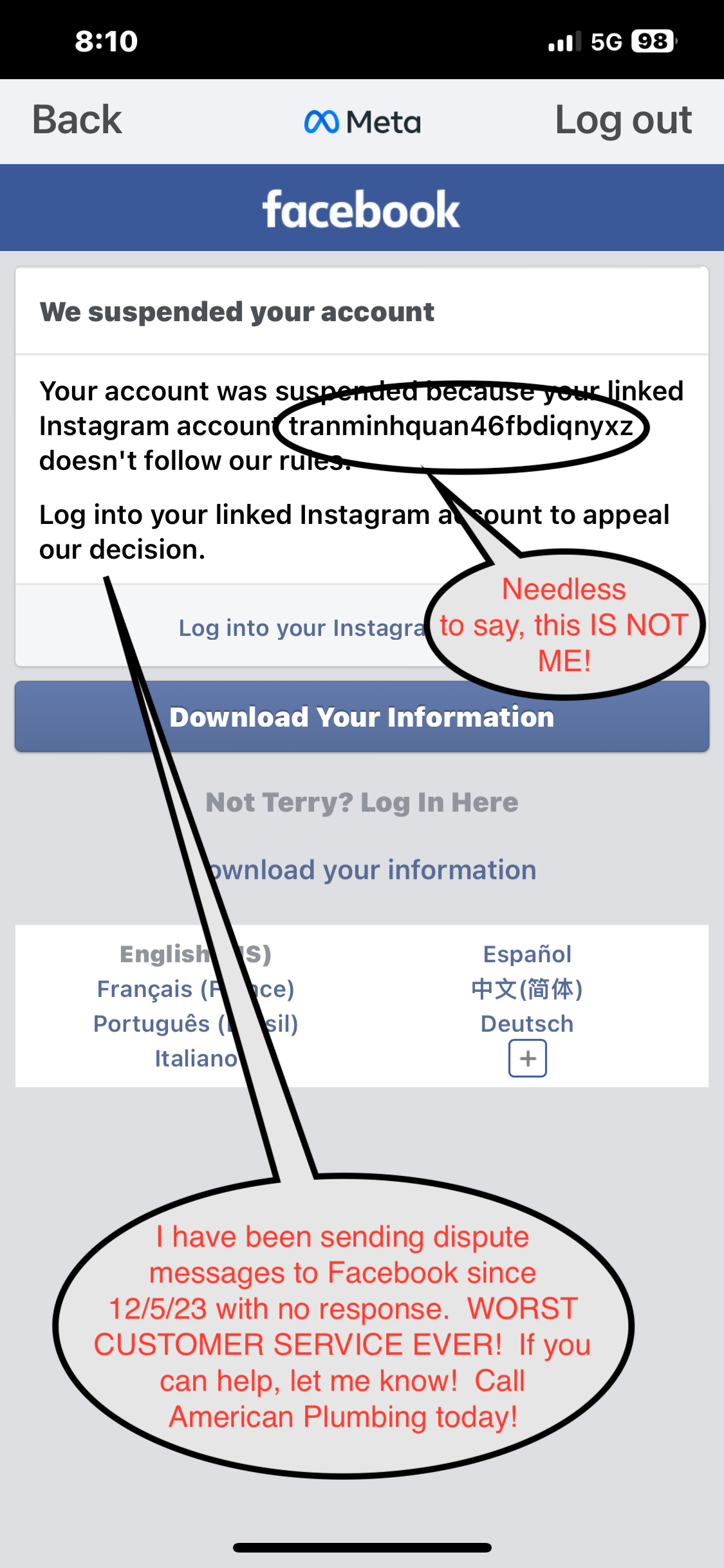 Screenshot of Facebook login screen; account suspended. Scammers warn about FB's