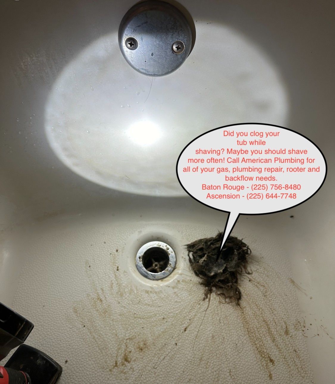 Dirty sink drain with a clump of hair and a speech bubble warning about clogged drains.