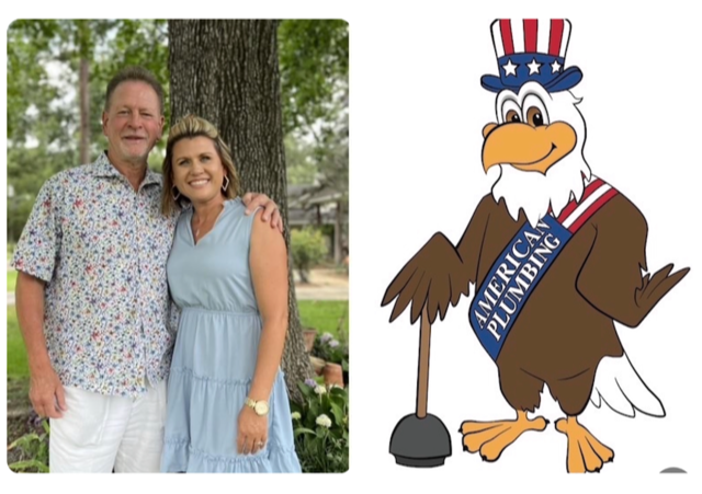 Man and woman posing together. Patriotic eagle mascot with plunger.