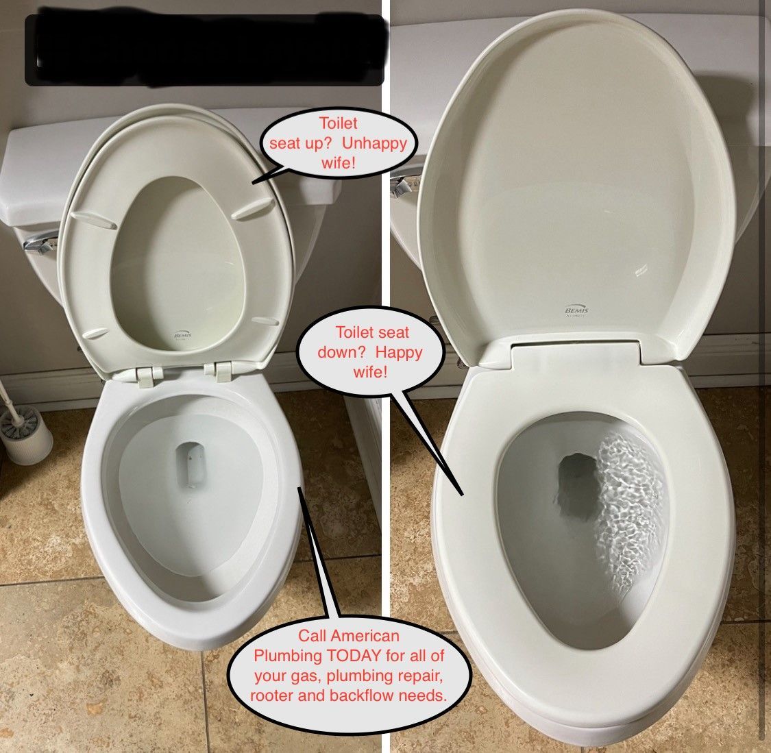 Two toilets, one with a lid open and one with bubbles, both labeled with text and arrows.