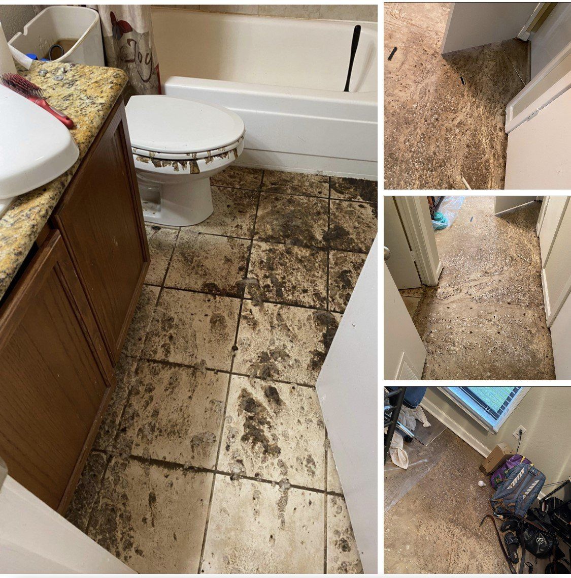 Dirty bathroom floor with stained beige tiles and toilet; inset photos show carpeted hallway damage.